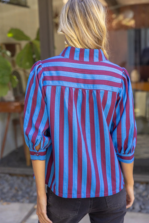 Side Button Puff Sleeve Stripe Top
