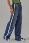 Wide Leg Faux Denim Track Pants With Side Stripes