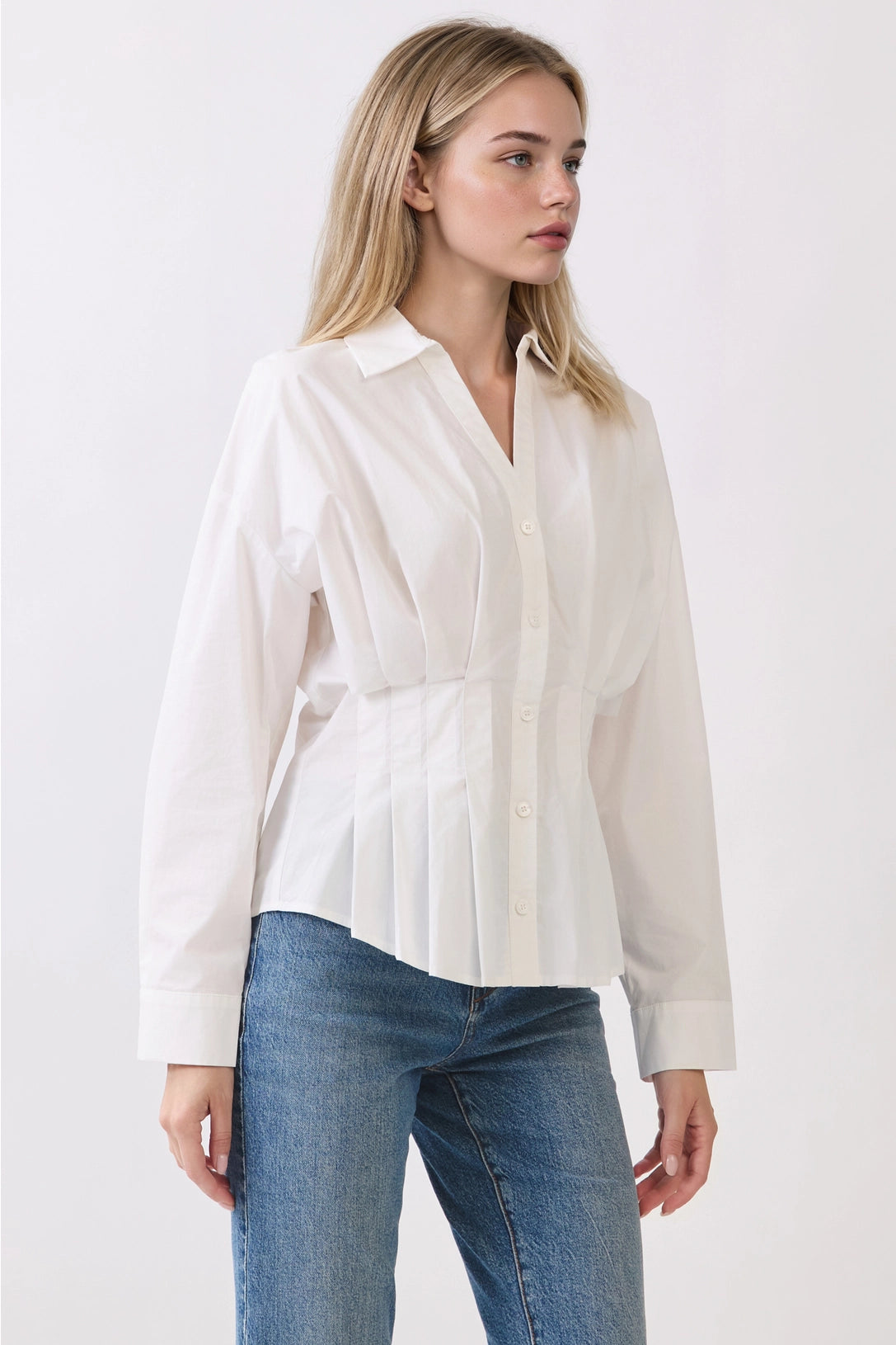 Classic Collar Pleated Button-Down Blouse