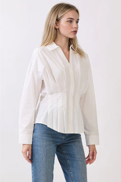 Classic Collar Pleated Button-Down Blouse