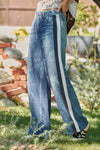 Wide Leg Faux Denim Track Pants With Side Stripes