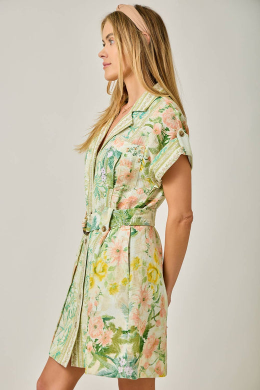 Tropical Floral Print Shirt Dress