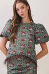 CT10188-Floral Print Feather Trim Top
