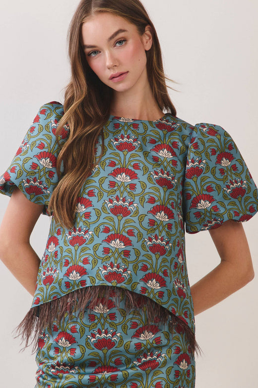 CT10188-Floral Print Feather Trim Top