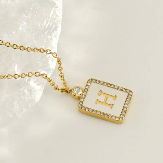 Rhinestone Shell Initial Charm Necklace