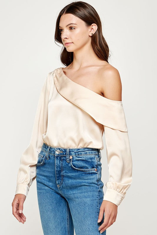 One shoulder Draped Satin Bodysuit