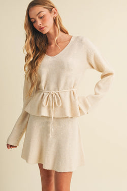 Drawstring Waist Peplum Knit Pullover
