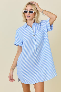 Striped Seersucker Easy Shirt Dress W/ Pockets