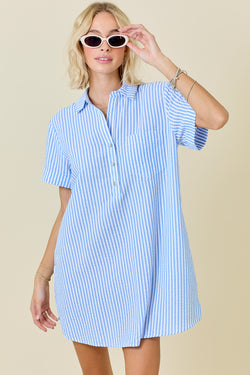 Striped Seersucker Easy Shirt Dress W/ Pockets