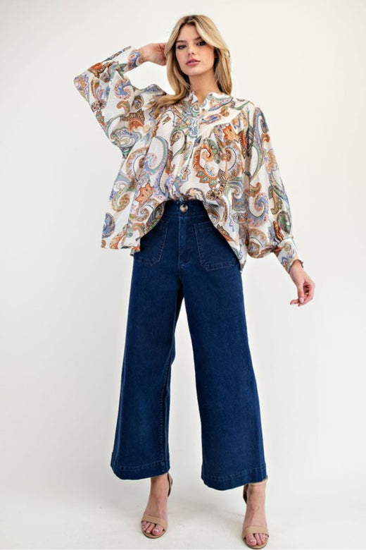 Paisley Printed Bubble Sleeve Top