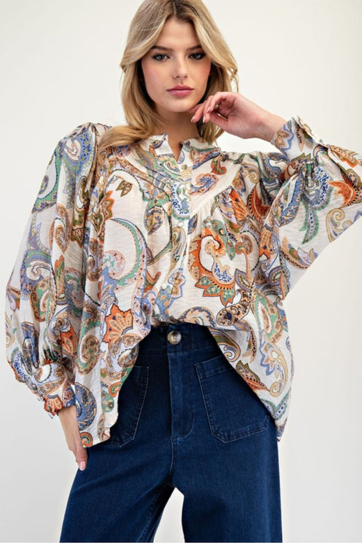 Paisley Printed Bubble Sleeve Top