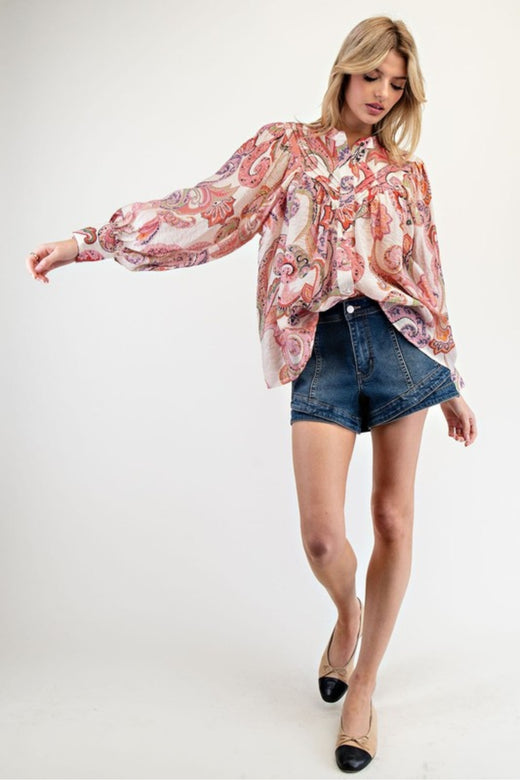 Paisley Printed Bubble Sleeve Top