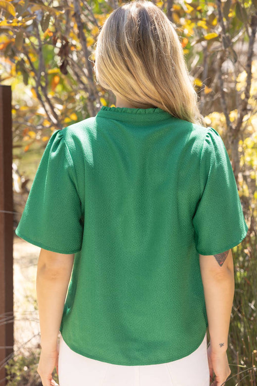 Ruffle V-Neck Solid Tweed Top