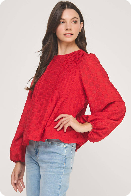 Pintuck Check Textured Puff Sleeve Blouse