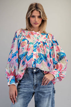 Ocean Pleated Button Top
