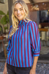 Side Button Puff Sleeve Stripe Top