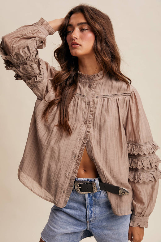Lace Ruffle Sleeve Pintuck Shirt