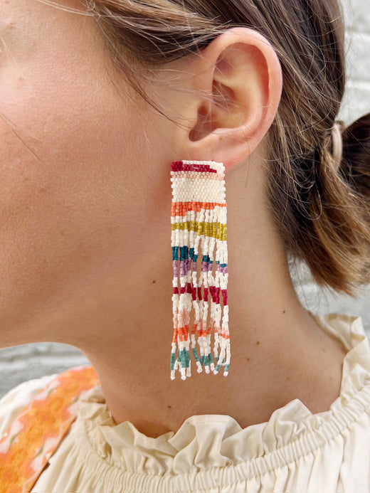 Belle Angled Stripes Beaded Fringe Earrings Rainbow