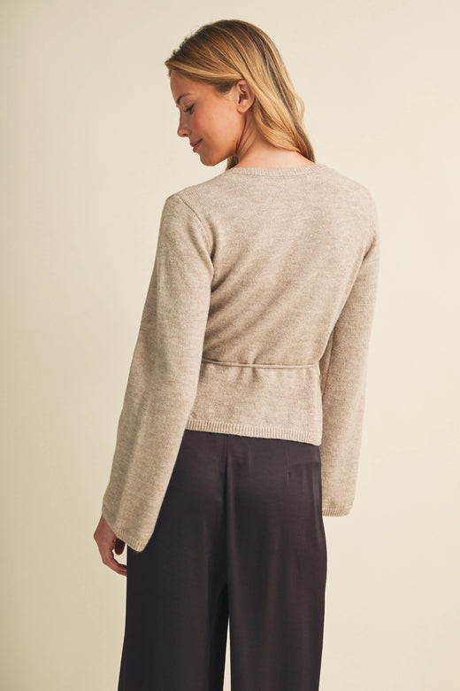 Self-Tie Waist Flared Sleeve Knit Blouse