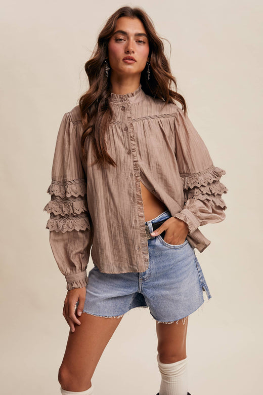 Lace Ruffle Sleeve Pintuck Shirt