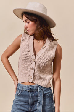 Textured Knitted Button Down Cozy Vest Top
