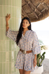 Sky Blue Belted Color Block Floral Shirt Dress