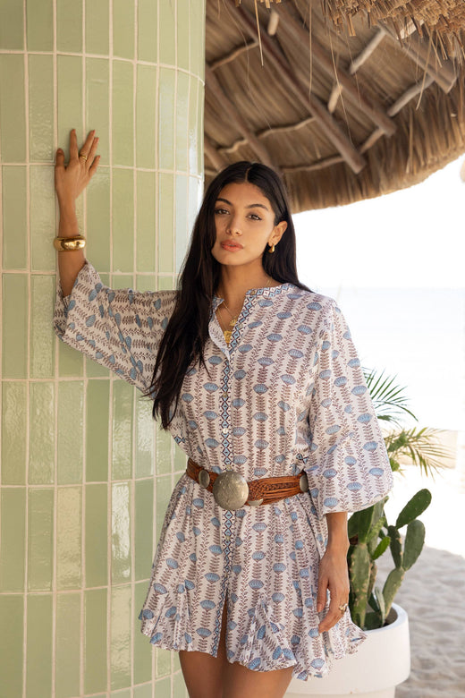 Sky Blue Belted Color Block Floral Shirt Dress