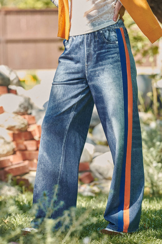 Wide Leg Faux Denim Track Pants With Side Stripes