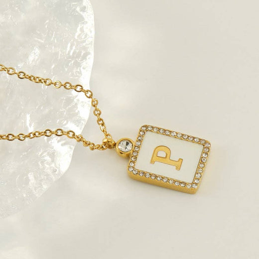 Rhinestone Shell Initial Charm Necklace
