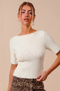 Bias Knitted Boat Neck Fitted Rib Sweater Top