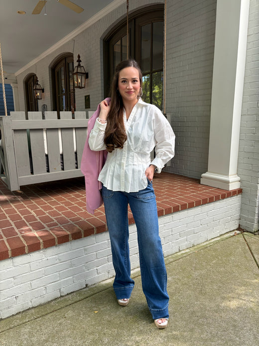 Classic Collar Pleated Button-Down Blouse