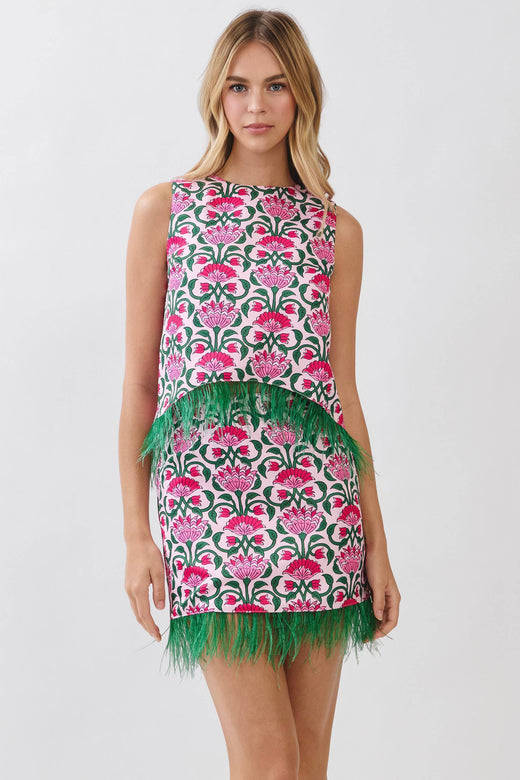 Floral Print Feather Trim Sleeveless Top