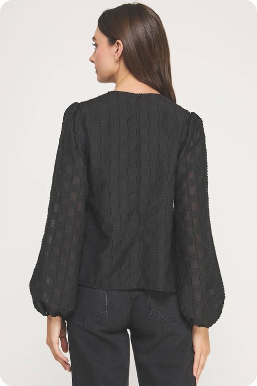 Pintuck Check Textured Puff Sleeve Blouse