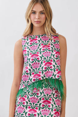 Floral Print Feather Trim Sleeveless Top