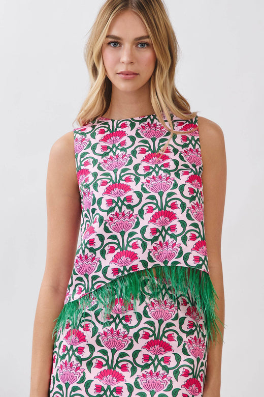 Floral Print Feather Trim Sleeveless Top