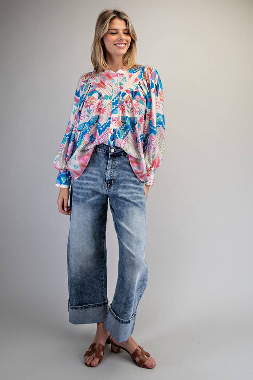 Ocean Pleated Button Top