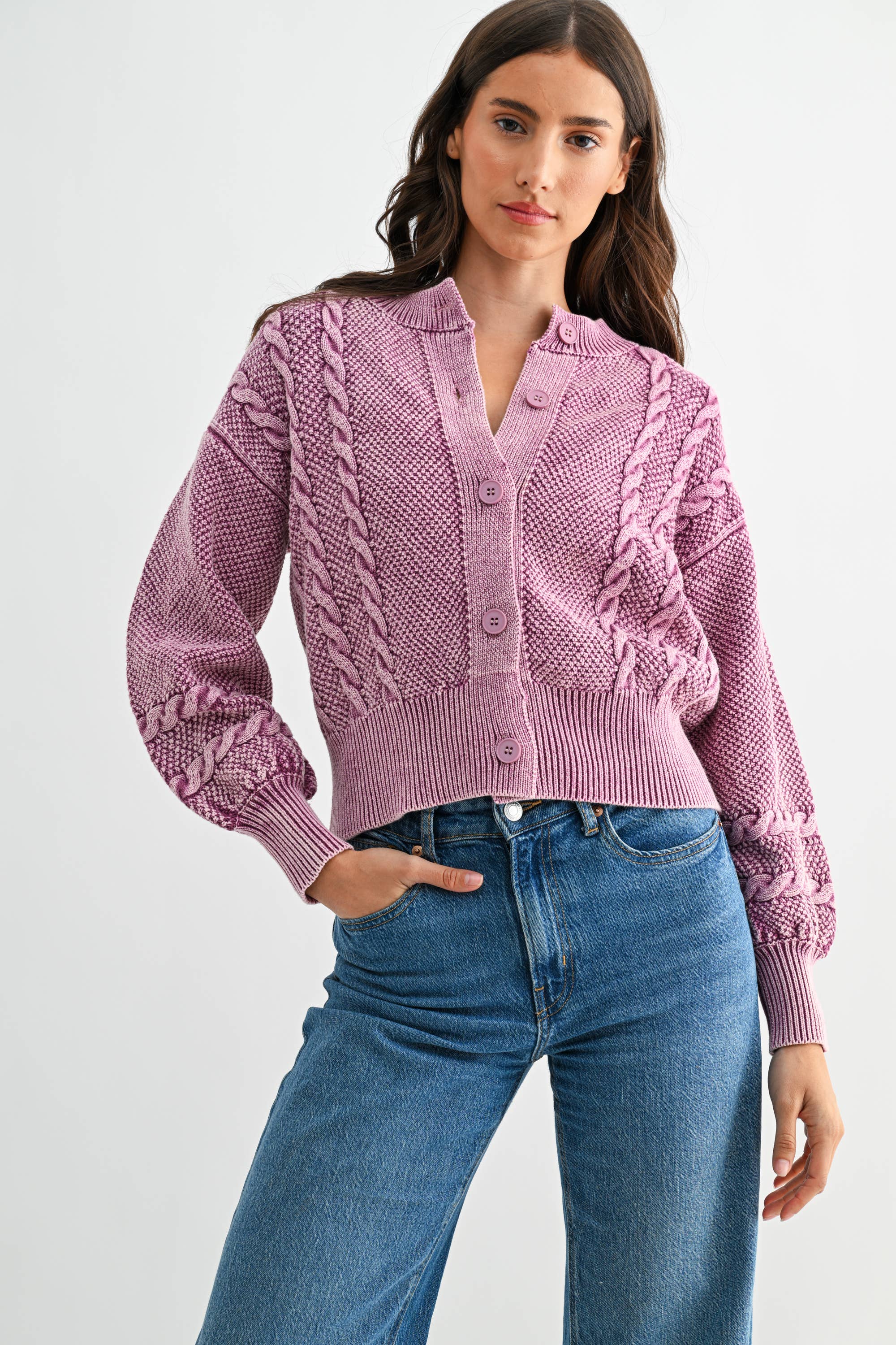 Washed Blended Berry Cable Knit Cardigan
