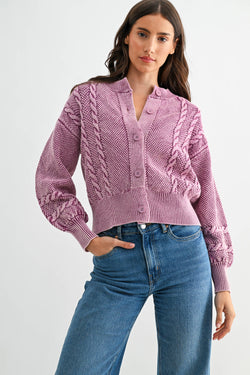 Washed Blended Berry Cable Knit Cardigan