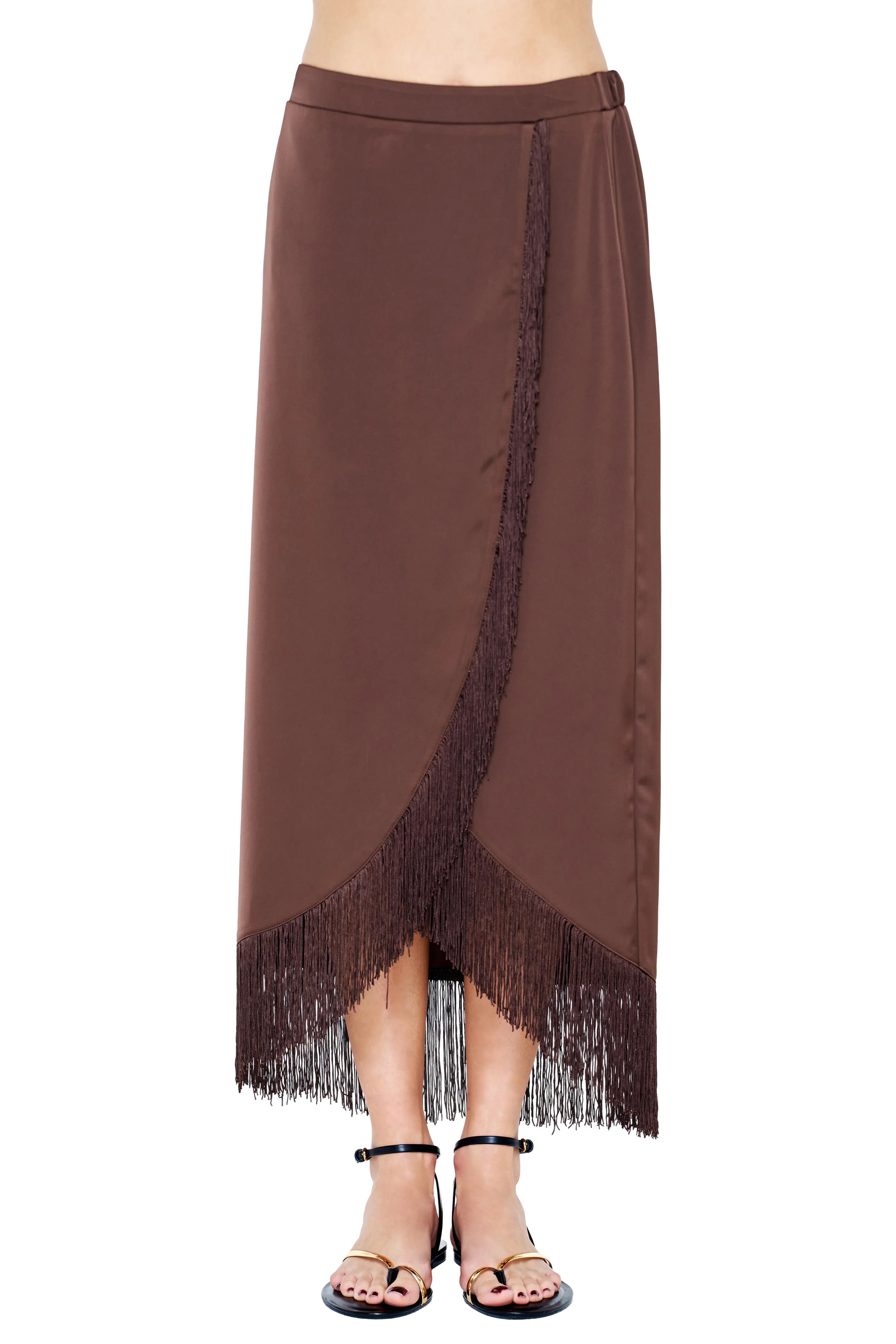 Fringed Satin Wrap Midi Skirt