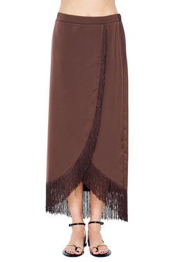 Fringed Satin Wrap Midi Skirt