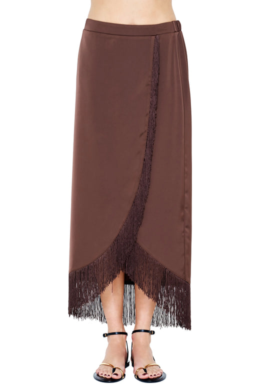 Fringed Satin Wrap Midi Skirt