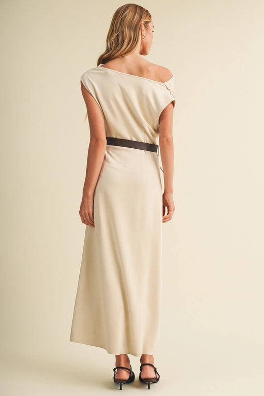 Sueded Knit Asymmetric Belted Cowl Dress