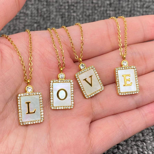 Rhinestone Shell Initial Charm Necklace