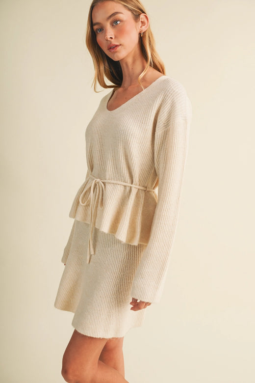 Drawstring Waist Peplum Knit Pullover