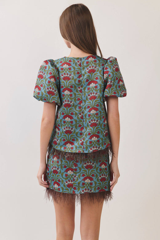 CT10188-Floral Print Feather Trim Top
