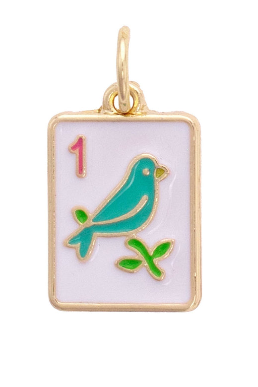 Mahjong Sparrow Tile Charm in White & Teal
