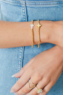 3mm Gold Stretch Bracelet with Single Gold Cross