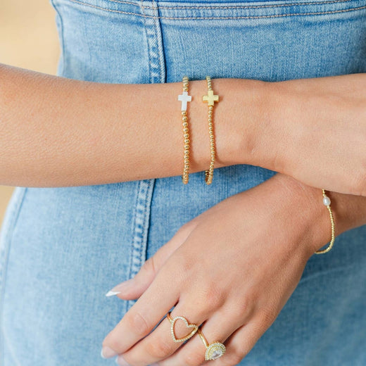 3mm Gold Stretch Bracelet with Single Gold Cross