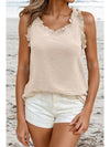 Parchment Textured Frilly Trim V Neck Sleeveless Top