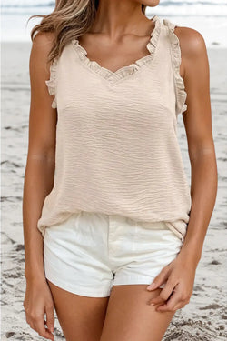 Parchment Textured Frilly Trim V Neck Sleeveless Top